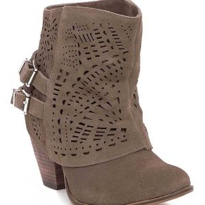 NAUGHTY MONKEY Laser Cut Taupe Suede Stack Heel Double Buckle Booties EUC 8.5